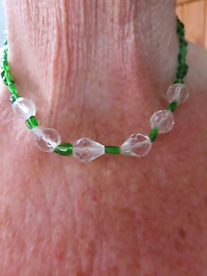 #ad Vintage 1930#x27;s Art Deco GLASS Green amp; Clear Crystal Bead Necklace