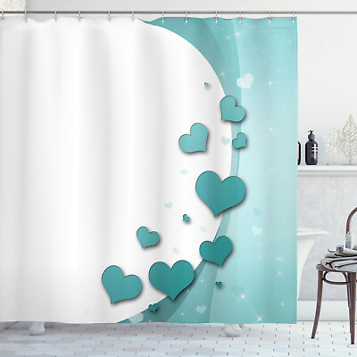 #ad Turquoise Shower Curtain Hearts Valentines Print for Bathroom