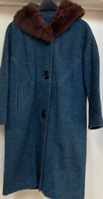 #ad Vintage Blue Boucle Wool Coat With Genuine Fur Collar. Circa 1950’s. Size M