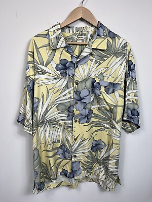 #ad Tommy Bahama Mens Shirt Yellow Large Silk Hawaiian Shirt Button Down Floral