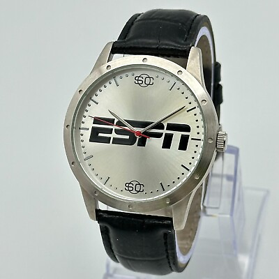 #ad Unworn Men#x27;s ESPN Sport Center Silver Tone Watch Black Leather Quartz 43 mm