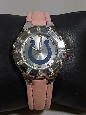 #ad Avon NFL Indianapolis Colts New Silver Tone Crystal Bezel Pink Leather Bnd Watch