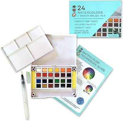 #ad 24 Watercolor Paint Set With Water Brush Pen Premium Watercolors Sponge Ca...
