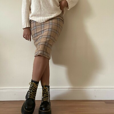 #ad Vintage Style Womens Oatmeal Beige Scandi Grid Pencil Midi Skirt UK 6