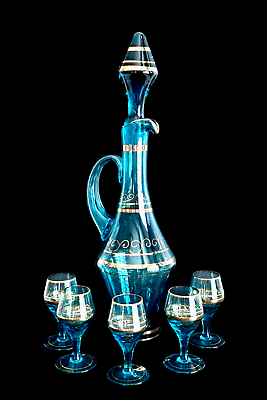 #ad Vtg Aqua Blue Gold Bohemian Glass Liquor Set Crystal Ewer Decanter 5 Glasses MCM