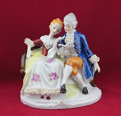 #ad Vintage Figurine Colonial Young Couple Lady and Man Sitting on Sofa Couch