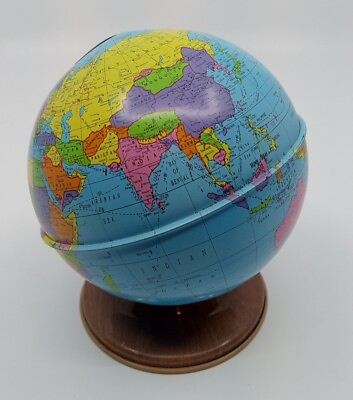 #ad Vintage Ohio Art 4 1 2” Tin Colorful Earth Globe Coin Piggy Bank Ft Soviet Union