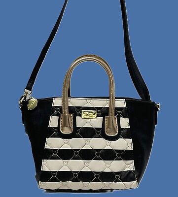 #ad BETSEY JOHNSON Small Handbag Black White Stripes Strap **EUC** ADORABLE