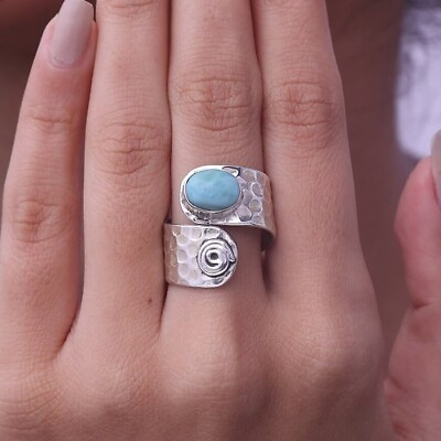 #ad Dominican Larimar 925 Sterling Silver Handmade Oval Gemstone Ring