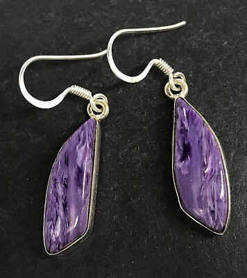 #ad Charoite drop earrings solid Sterling silver abstract. 22 x 8mm. Gift box #7