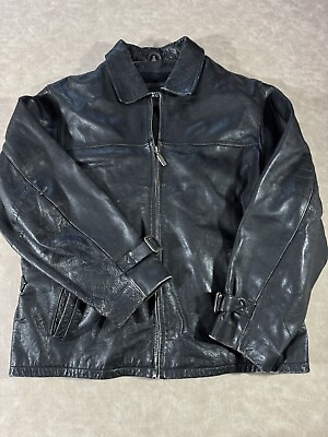 #ad Vintage Kenneth Cole Leather Cowskin Full Zip Jacket Men Size L Black W Buckle