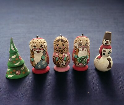 #ad Matryoshka Doll Christmas Ornaments Wooden Hand Painted Santa Snowman Tree Read