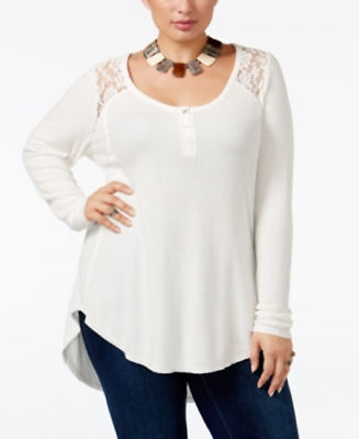 #ad American Rag Trendy Women#x27;s 0X Plus Size Lace Trim Henley in Egret Retail $49.50