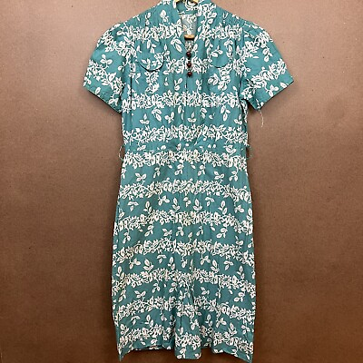 #ad VTG 1940s Teal Floral Hawaiian Print A Line Dress Bohemian
