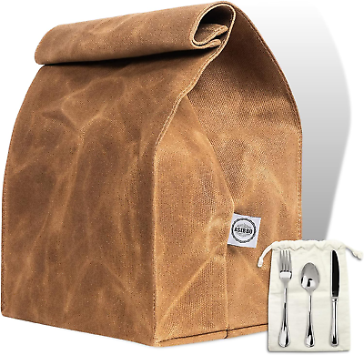 #ad Waxed Canvas Lunch Bag Reusable for Office Work Picnic Travel Snacks Brown P