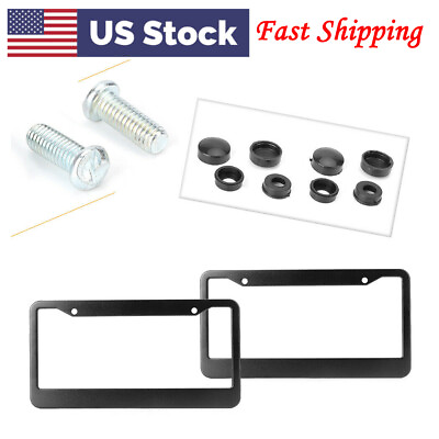 #ad 2x Black Stainless Steel Universal Car License Plates Frame Tag Cover Screw Caps