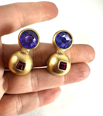 #ad Vintage Earrings Pierced Stud Drop 90s Matte Goldtone Purple