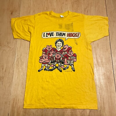 #ad Vintage 1980#x27;s Football I Love Them Hogs Yellow Medium VTG T Shirt