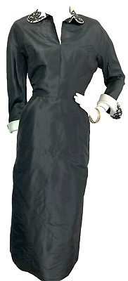 #ad Vintage 30#x27;s Dress Taffeta Wiggle Midi Side Zip Beaded Collar Cuffs Black S VGUC