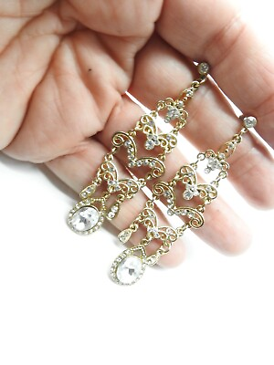 #ad Clear Rhinestone Gold Tone Metal Chain Dangle Pierced Earrings Vintage