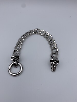 #ad Gothic Biker Double Skull Stainless Steel Heavy Cuban Curb Chain Bracelet