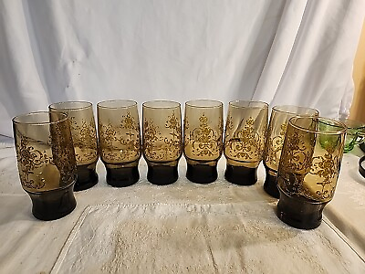 #ad Vintage MCM Set of 8 Libbey Prado Tawny Brown Swirl Glasses Tumblers 10 ounce