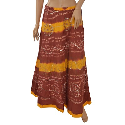 #ad Sanskriti Vintage Long Party Skirt Pure Cotton Brown Handmade Stitched Lehenga