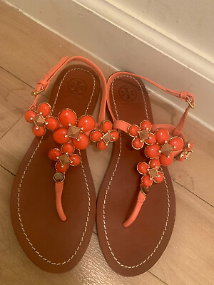 #ad Tory Burch Coral Embellished Leather Sandals Sz. 7 M $59.99