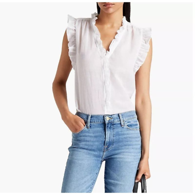 #ad Frame Lauren Ruffle SS Blouse in Blanc Sz M Luxury Ramie Fabric Summer Sheer