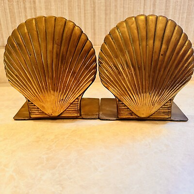#ad Vintage 1981 Brass Clamshell Scallop Bookends Set Bromel NY Collection Nautical
