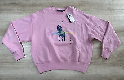 #ad NWT Polo Ralph Lauren Womens Sweatshirt Pink Oversized Big Pony Blue Fleece