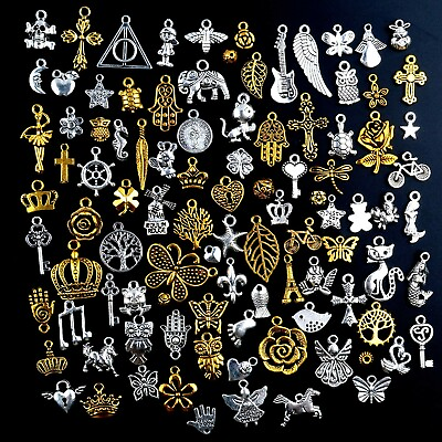 #ad 10 Mixed Charms Antiqued Silver Gold Pendants Random Assorted Lot Jewelry