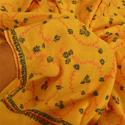 #ad Sanskriti Vintage Long Pure Woolen Yellow Shawl Handmade Suzani Scarf Stole