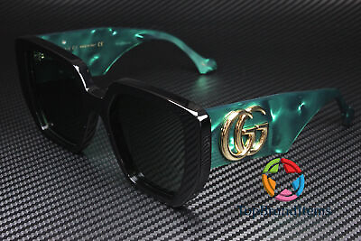 #ad GUCCI GG0956S 001 Rectangular Squared Black Shiny Green 54 mm Women#x27;s Sunglasses