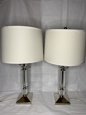 #ad Lucite Chrome Dual Table Lamp Set Acrylic Silver Mid Century Modern MCM WORKING