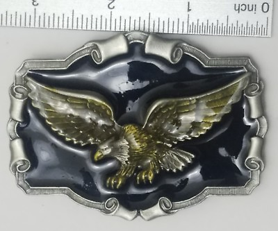 #ad NEW AMERICAN BALD EAGLE Vintage 1980s American Belt Buckle NOS Pewter amp; Lacquer