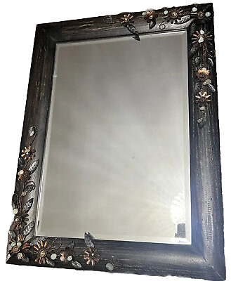 #ad Rustic Unique Black Wall Mirror Dark Wood Mineral Stone Flower Designer Ornate