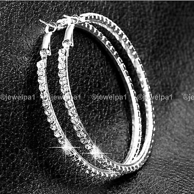 #ad Simulated Diamond Hoop Earrings 2 Carat Round Cut Solid 14K White Gold For Women $224.67