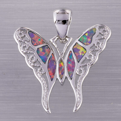 #ad Hollow Butterfly Lavender Purple Fire Opal Silver Jewelry Necklace Pendant