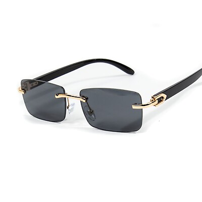 #ad Black Tint Mens Rectangle Luxury Hip Hop Buffs Gold Frame Rimless Sunglasses
