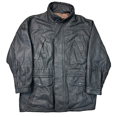 #ad Vintage St Michael Leather Coat Jacket Y2K Retro Black Mens Large