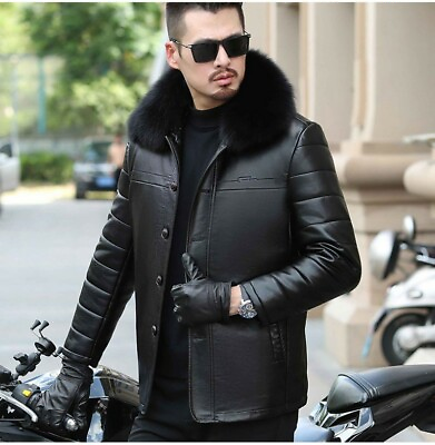 #ad Winter Men#x27;s Fox Fur Collar Sheepskin Leather Jacket Outwear Quilted Thick Warm