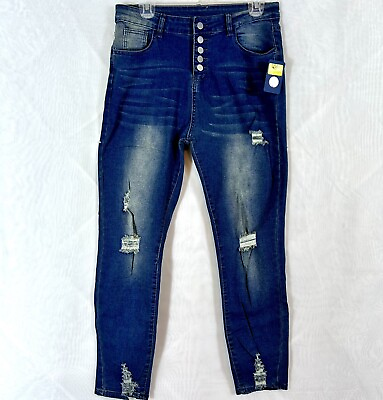 #ad NWT Blue Distressed Denim Stretch High Rise Skinny Jeans Medium