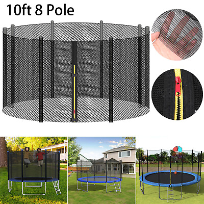 #ad 10FT 8 Poles Round Replacement Bounce Trampoline Safety Enclosure Net w Zipper