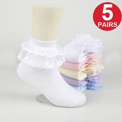 #ad 5 Pair Baby Girls Lace Ruffle Frilly Cotton Socks Kids School Dance Ankle Socks