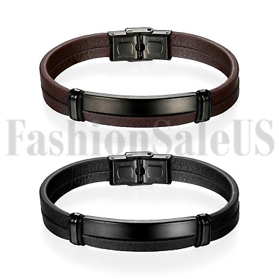 #ad Stainless Steel Magnetic Clasp Leather Bracelets for Men Cuff Bracelet 7.5 8.5quot;