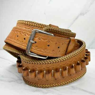 #ad Vintage Handmade Brown Wide Leather Ammo Ammunition Belt Size 36 Mens