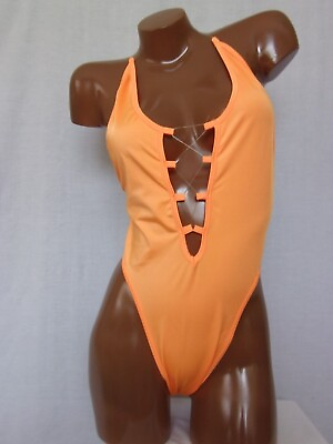 #ad New Sexy one piece thong bodysuit clear string straps Orange pole dancer outfit