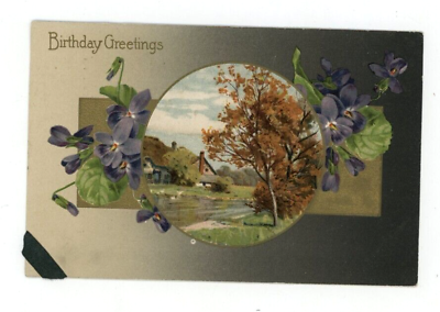 #ad Vintage Birthday Postcard HOUSE TREE FLOWERS EMBOSSED POSTED 1918
