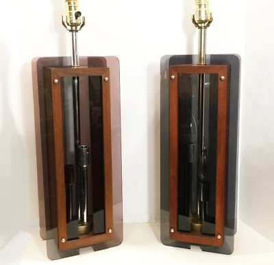 #ad Classic 70#x27;s table lamps. Teak wood and smoked acrylic panels. lighted bases.